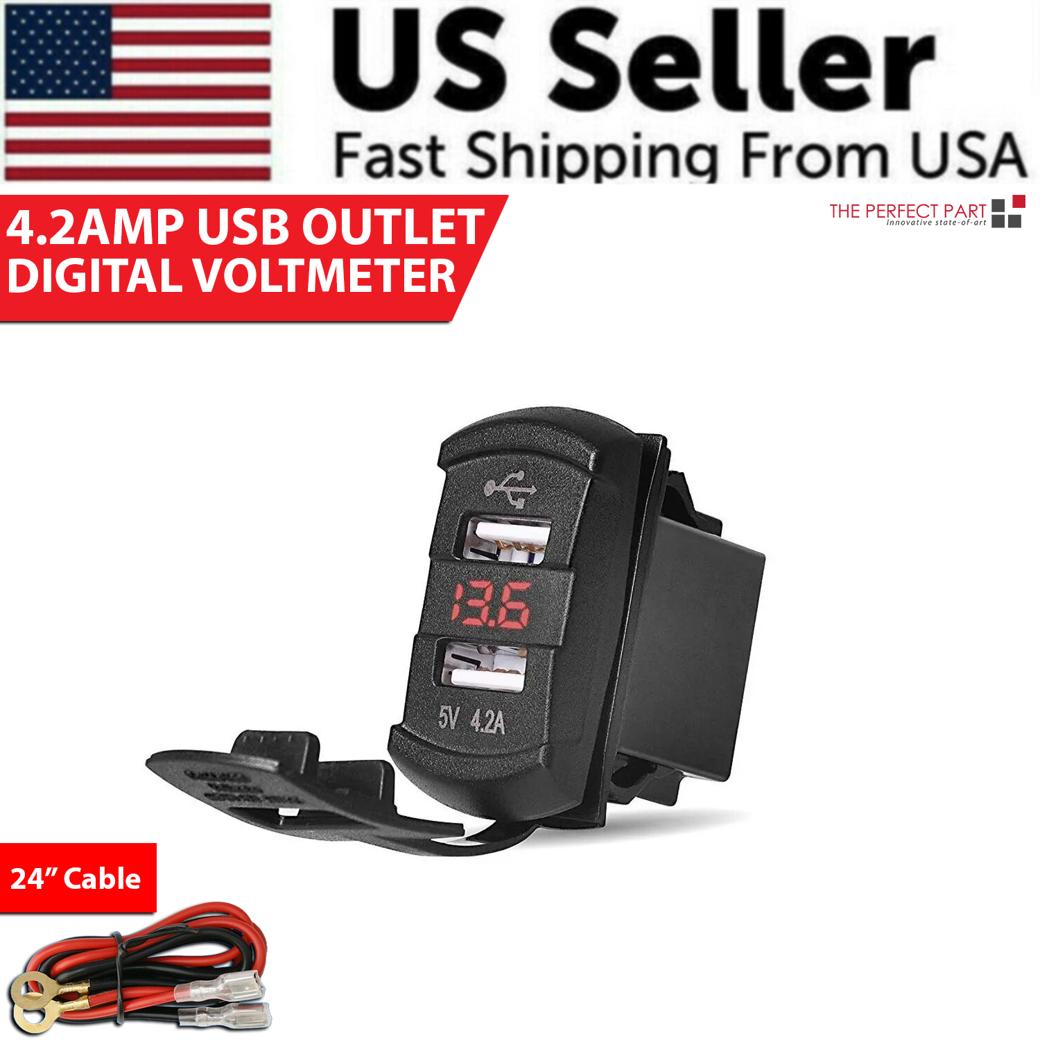 12V Dual USB Charger Socket with LED Voltmeter and Rocker Switch Panel, designed for vehicles and boats, featuring dual USB ports and a modern aesthetic.