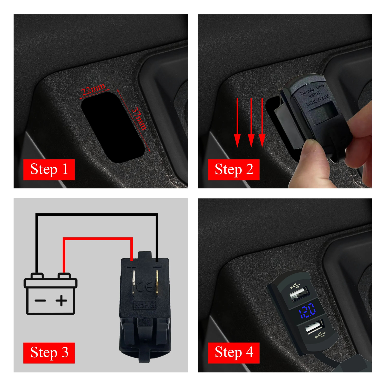 12V Dual USB Charger Socket with LED Voltmeter and Rocker Switch Panel, designed for vehicles and boats, featuring dual USB ports and a modern aesthetic.