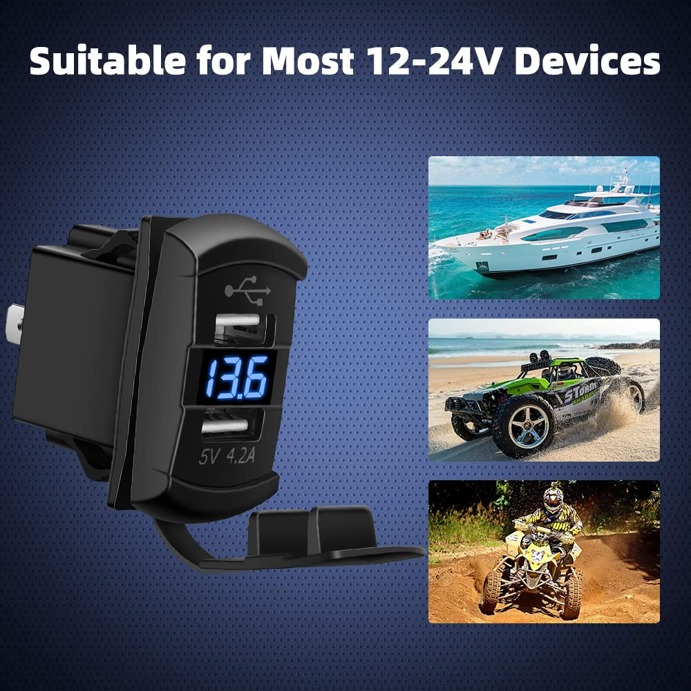 12V Dual USB Charger Socket with LED Voltmeter and Rocker Switch Panel, designed for vehicles and boats, featuring dual USB ports and a modern aesthetic.