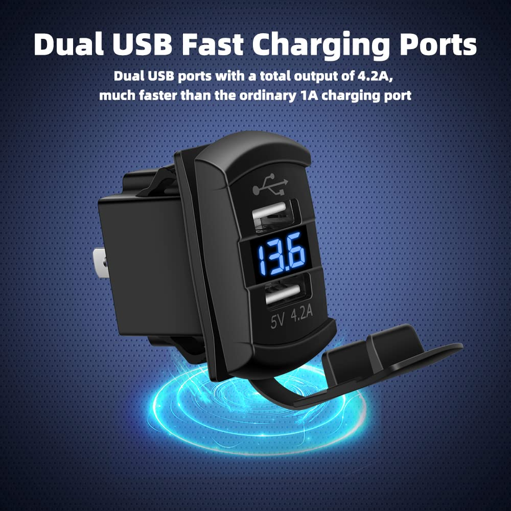 12V Dual USB Charger Socket with LED Voltmeter and Rocker Switch Panel, designed for vehicles and boats, featuring dual USB ports and a modern aesthetic.