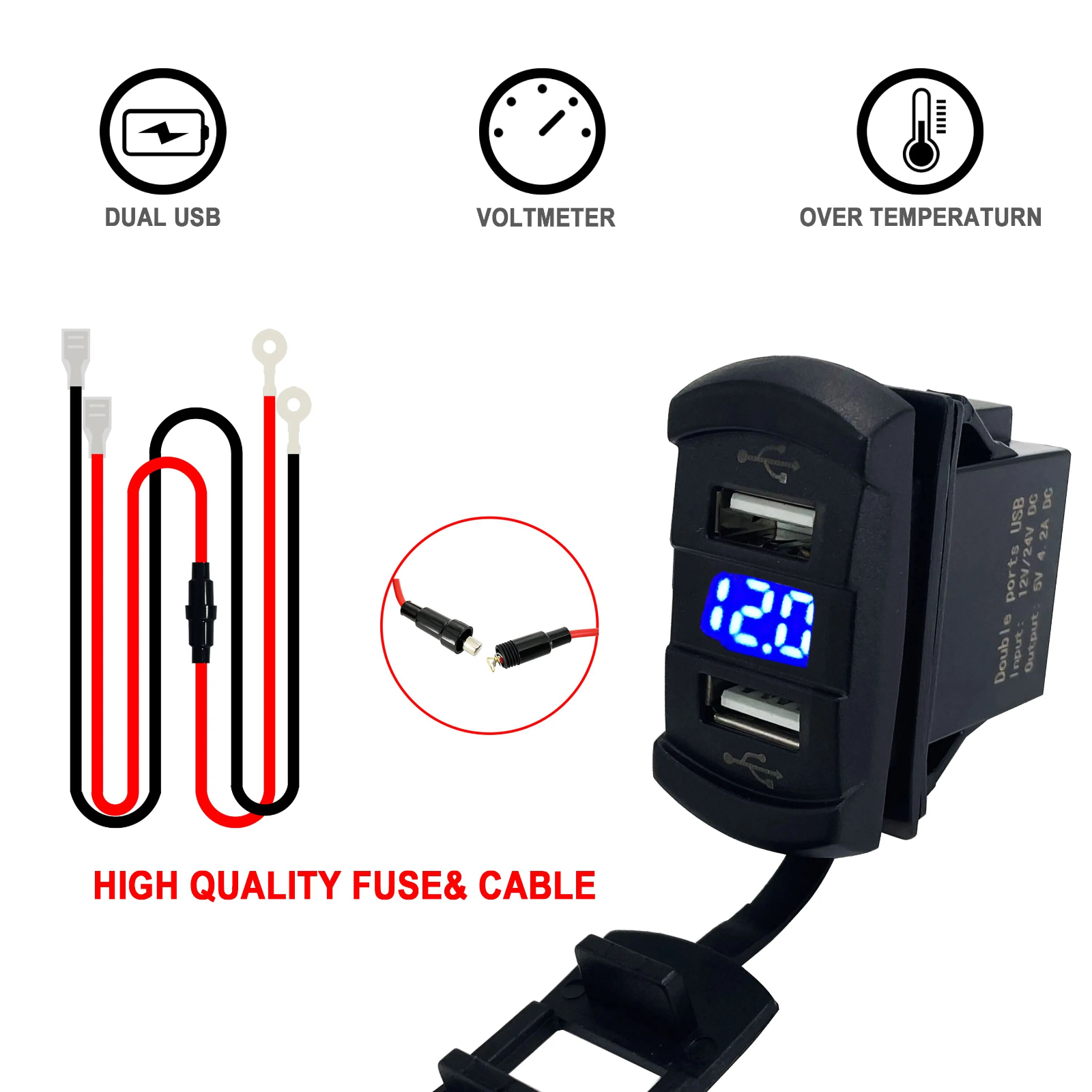 12V Dual USB Charger Socket with LED Voltmeter and Rocker Switch Panel, designed for vehicles and boats, featuring dual USB ports and a modern aesthetic.