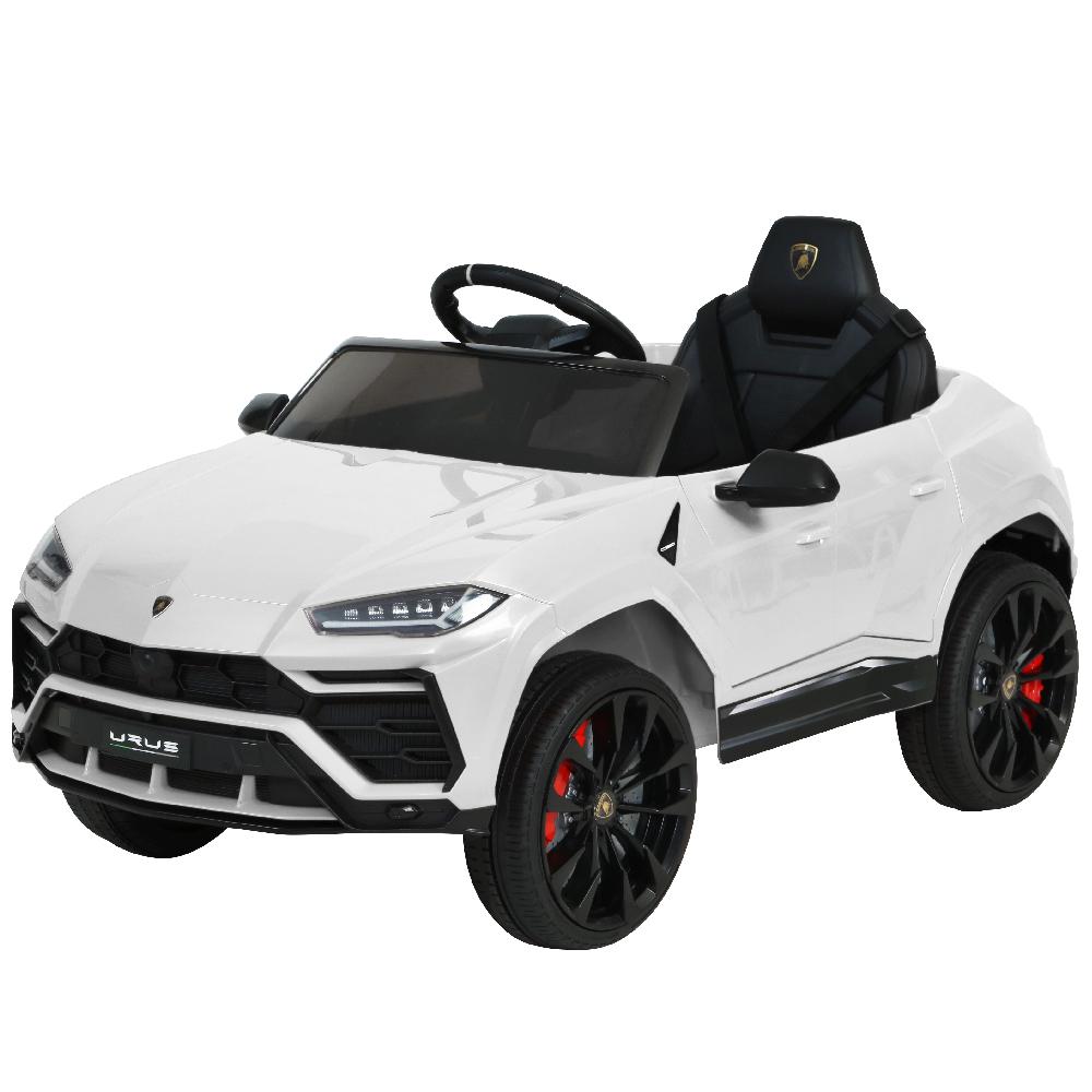 A white 12V Electric Kids Ride On Toy Car designed as a licensed Lamborghini URUS, featuring stylish working doors, headlights, and a digital dashboard.