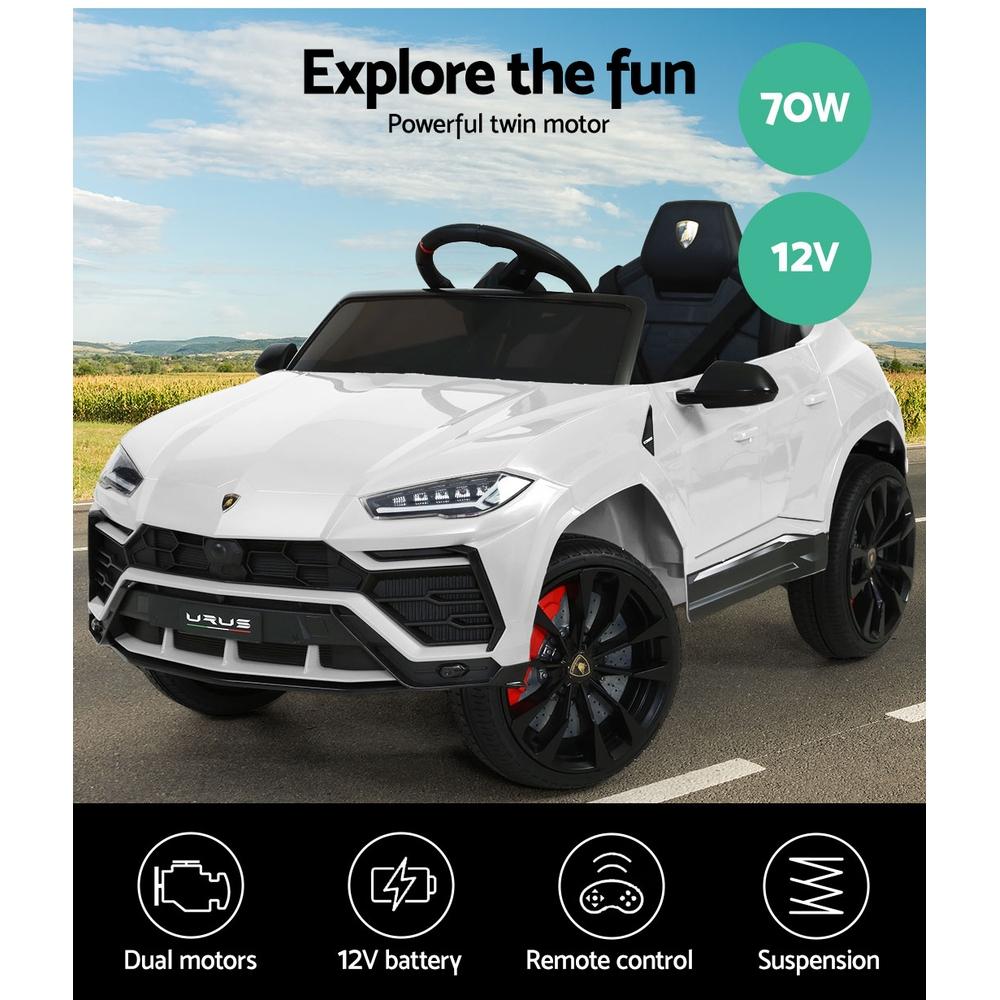 A white 12V Electric Kids Ride On Toy Car designed as a licensed Lamborghini URUS, featuring stylish working doors, headlights, and a digital dashboard.