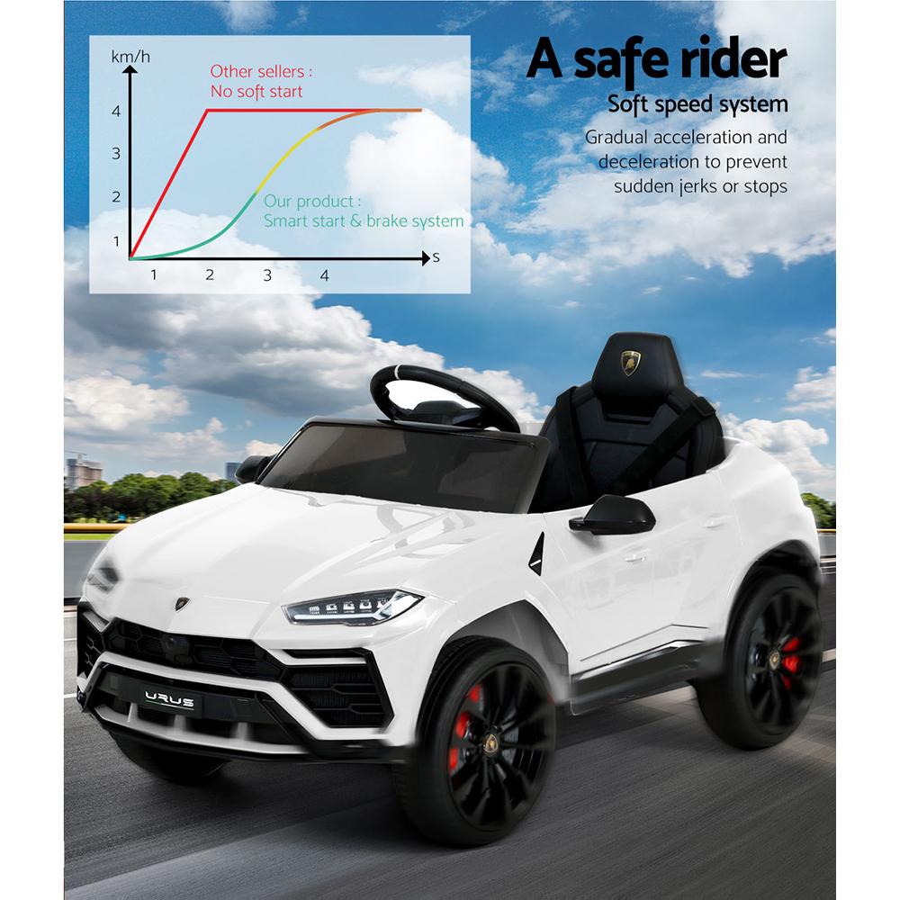 A white 12V Electric Kids Ride On Toy Car designed as a licensed Lamborghini URUS, featuring stylish working doors, headlights, and a digital dashboard.