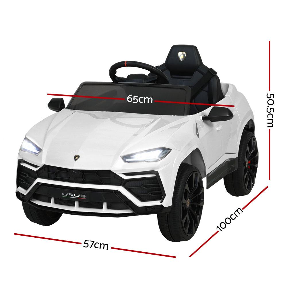 A white 12V Electric Kids Ride On Toy Car designed as a licensed Lamborghini URUS, featuring stylish working doors, headlights, and a digital dashboard.