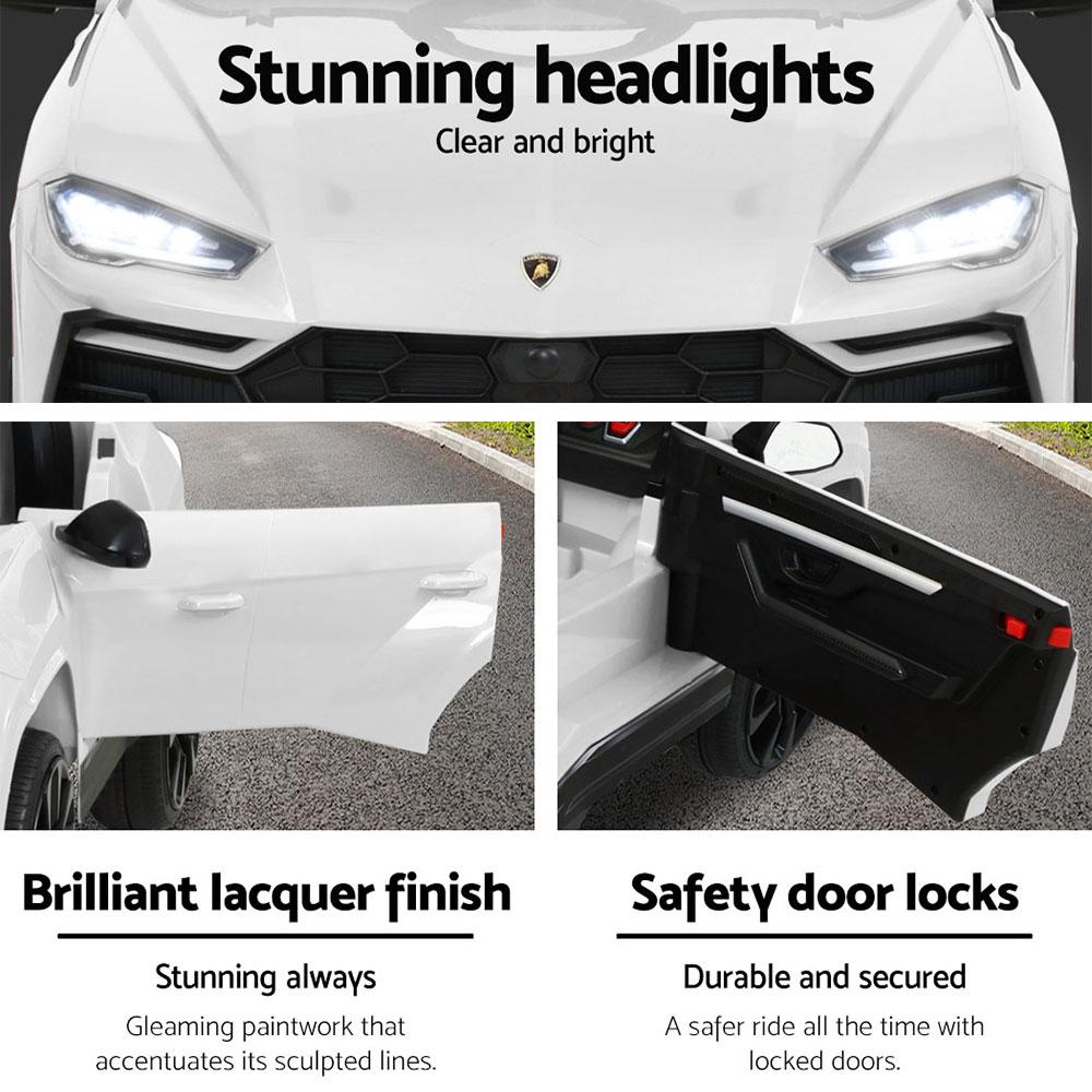 A white 12V Electric Kids Ride On Toy Car designed as a licensed Lamborghini URUS, featuring stylish working doors, headlights, and a digital dashboard.
