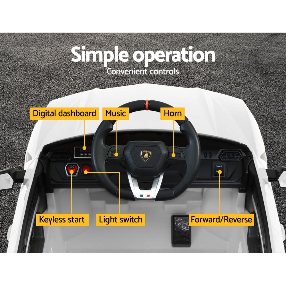 A white 12V Electric Kids Ride On Toy Car designed as a licensed Lamborghini URUS, featuring stylish working doors, headlights, and a digital dashboard.