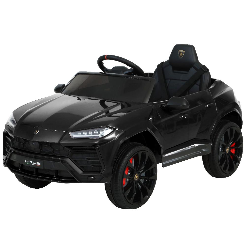 A black 12V Electric Kids Ride On Toy Car designed as a Lamborghini URUS, featuring working doors, a digital dashboard, and premium tires.