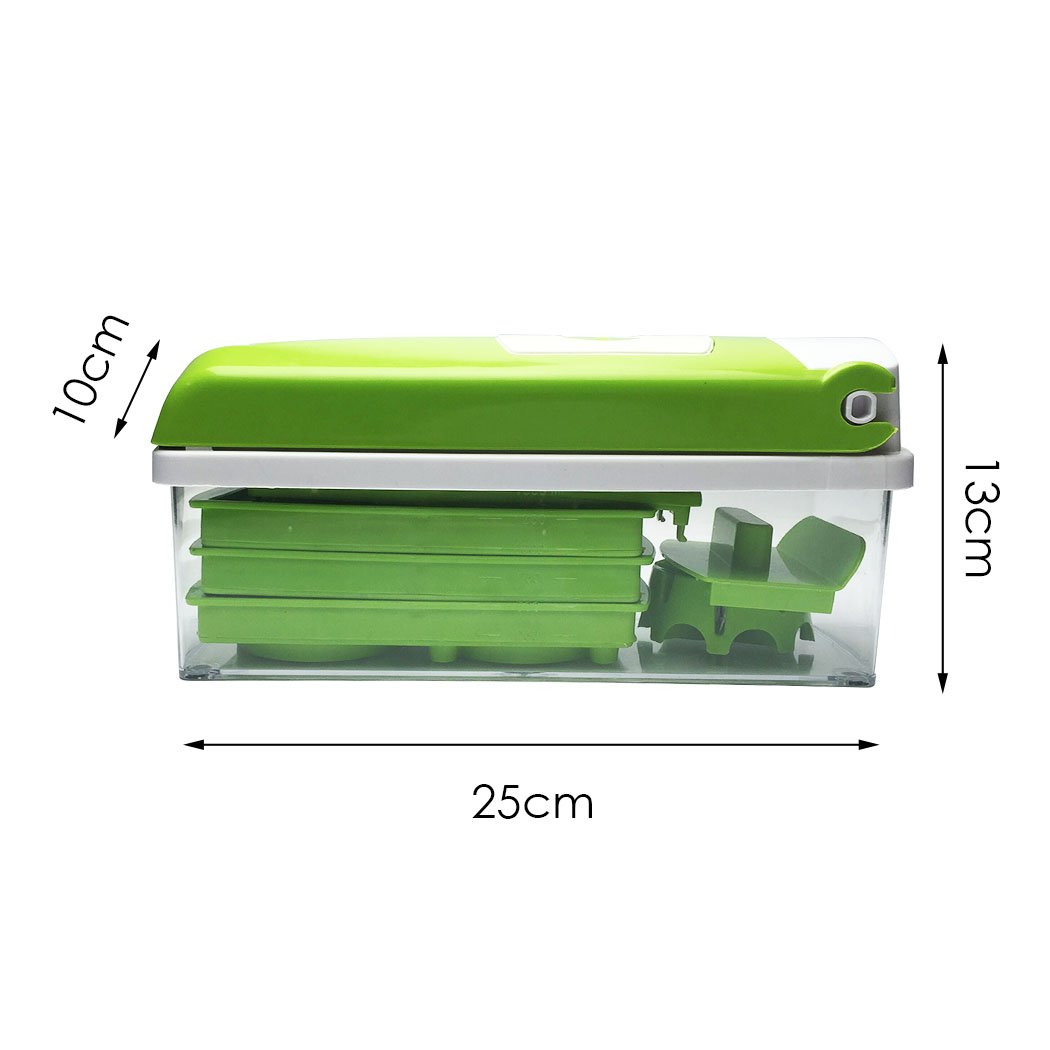 A 13 in 1 Food Slicer Dicer Nicer showcasing various cutting blades and a transparent container for food preparation.
