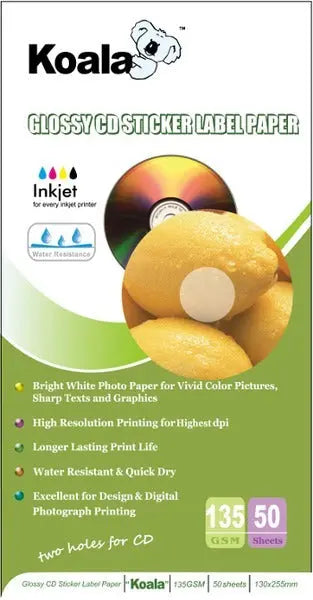 135gm glossy CD sticker paper pack with 100 labels, showcasing vibrant colors and a glossy finish.