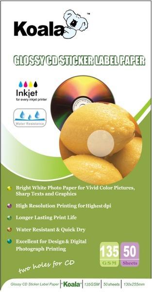 135gm glossy CD sticker paper pack with 100 labels, showcasing vibrant colors and a glossy finish.
