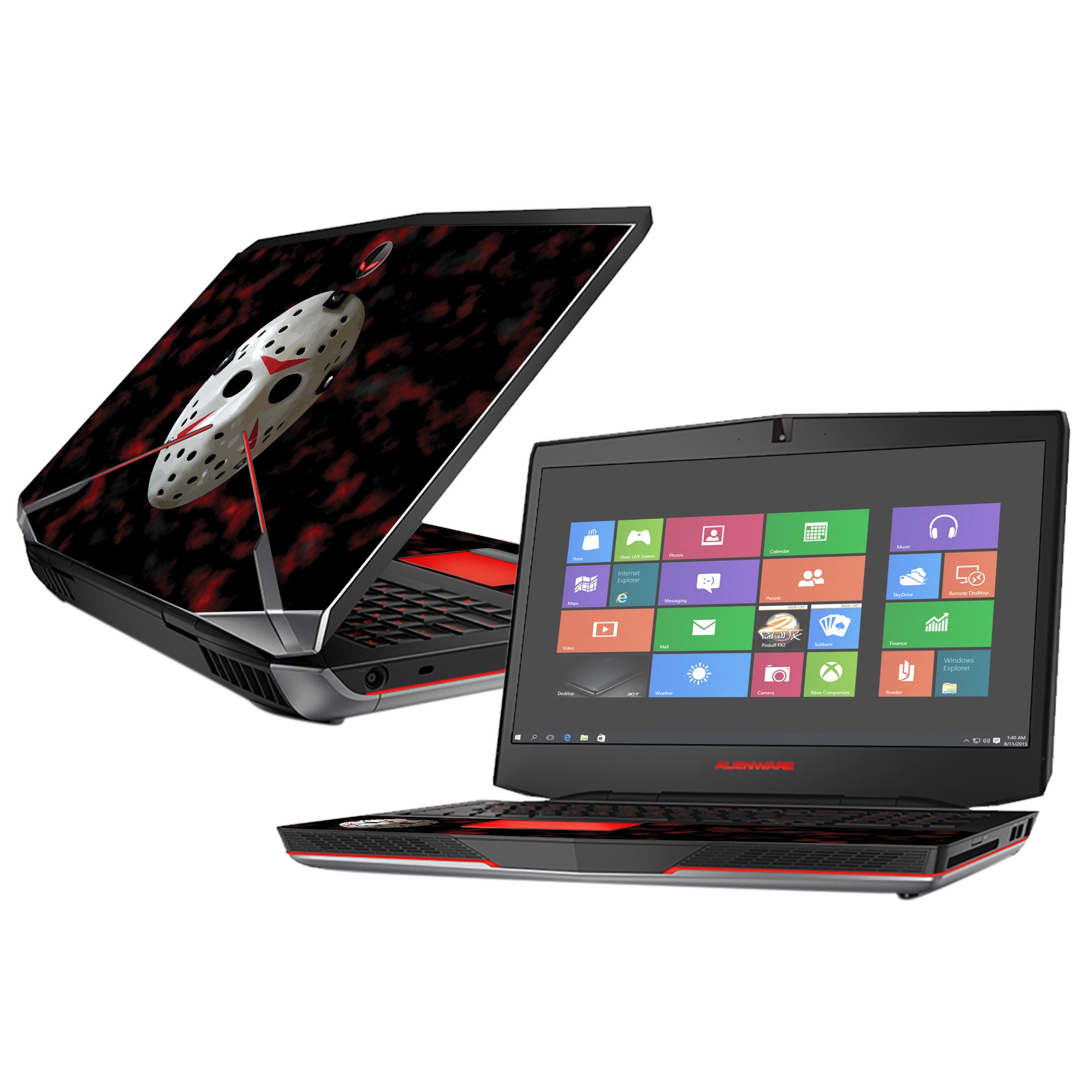 13th Nightmare skin for Alienware 17" (2015) showcasing Matte, Carbon Fiber, and Glossy Glitter finishes.