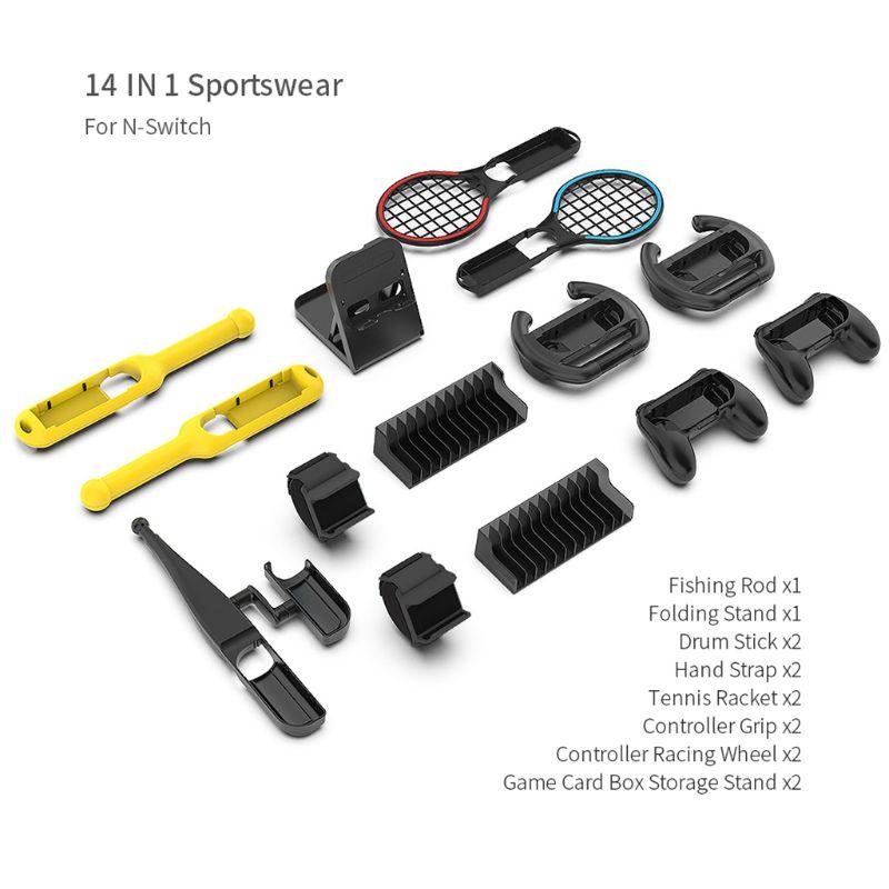 14 Pcs/Set Sportwear for Nintendo Switch including tennis racket, hand straps, and storage box, designed for enhanced gaming experience.