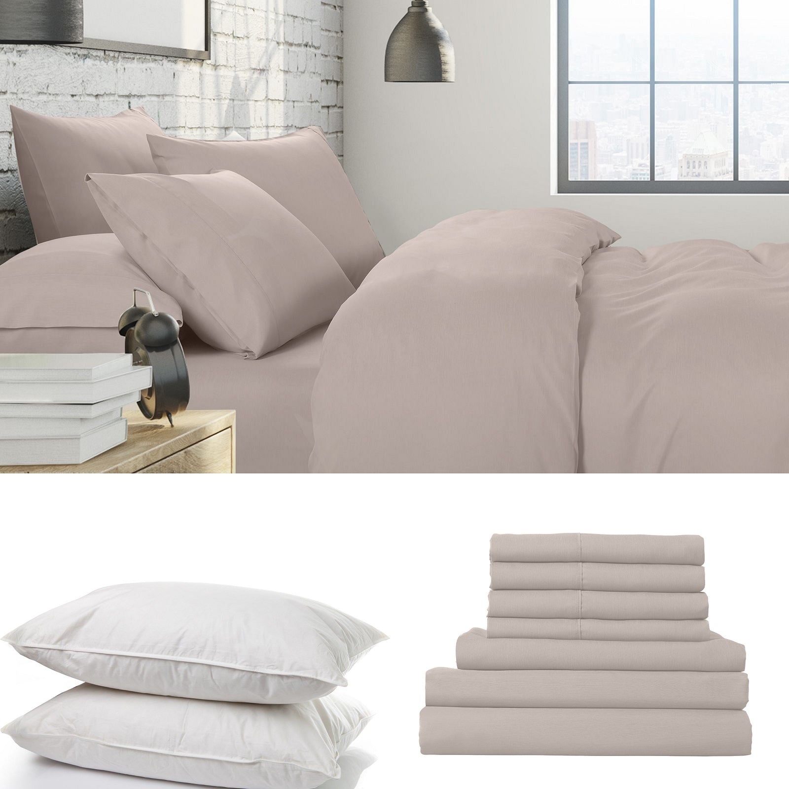 1500 Thread Count 6 Piece Bedding Set with Duck Feather Down Pillows, showcasing luxurious fabric and plush pillows.