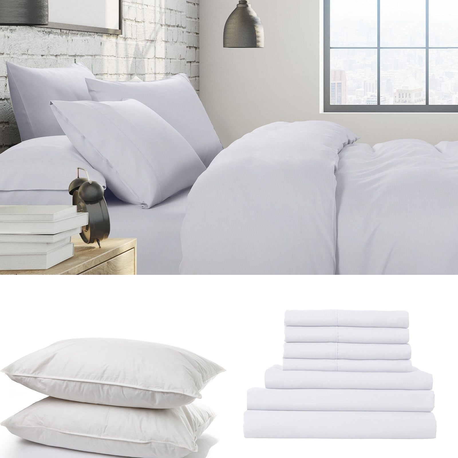 1500 Thread Count 6 Piece Bedding Set with Duck Feather Down Pillows, showcasing luxurious fabric and plush pillows.