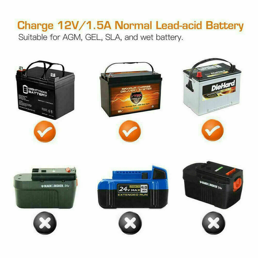 1500mAh Automatic Smart Battery Charger with battery clips and O-ring terminals, designed for 12V lead-acid batteries.