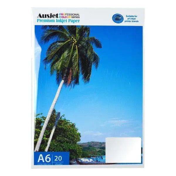 A pack of 20 sheets of A6 glossy sticker photo paper, showcasing vibrant colors and a glossy finish, ideal for printing photos and artwork.