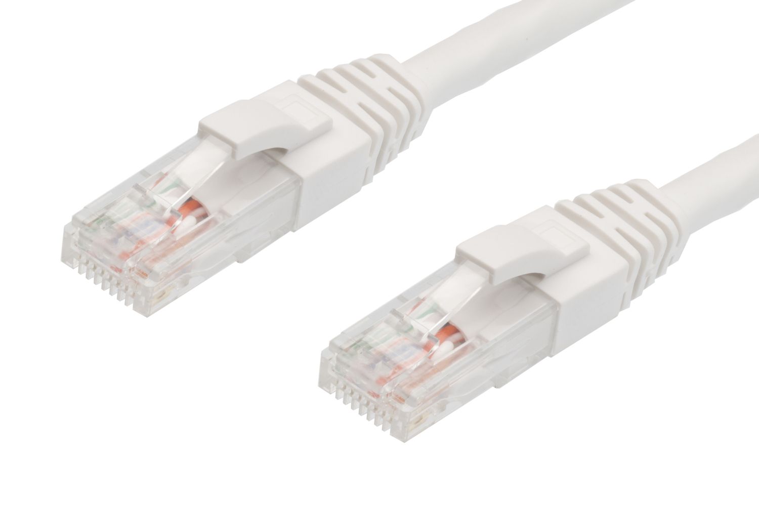 Pack of 50 white 1.5m CAT6 RJ45-RJ45 Ethernet network cables, showcasing durable connectors and flexible PVC jacket.