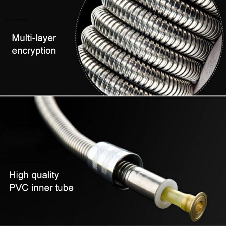 1.5m Flexible Stainless Steel Showerhead Hose Pipe with double interlock design and silicone sealing rings, showcasing its durable construction.