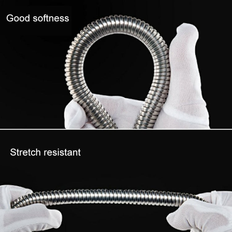 1.5m Flexible Stainless Steel Showerhead Hose Pipe with double interlock design and silicone sealing rings, showcasing its durable construction.