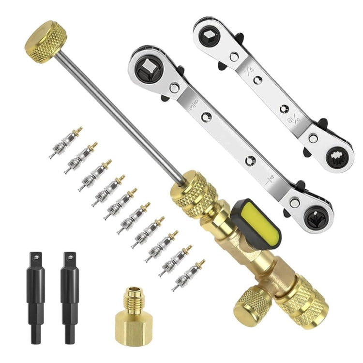 15-piece air conditioning valve core disassembly tool set, featuring various tools for efficient valve core removal.