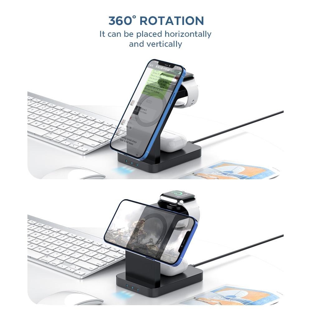 15W Qi Magnetic Wireless Charger 3 in 1 for iPhone 12 Pro Max, Mini, Apple Watch, and AirPods Pro, featuring a sleek black design.