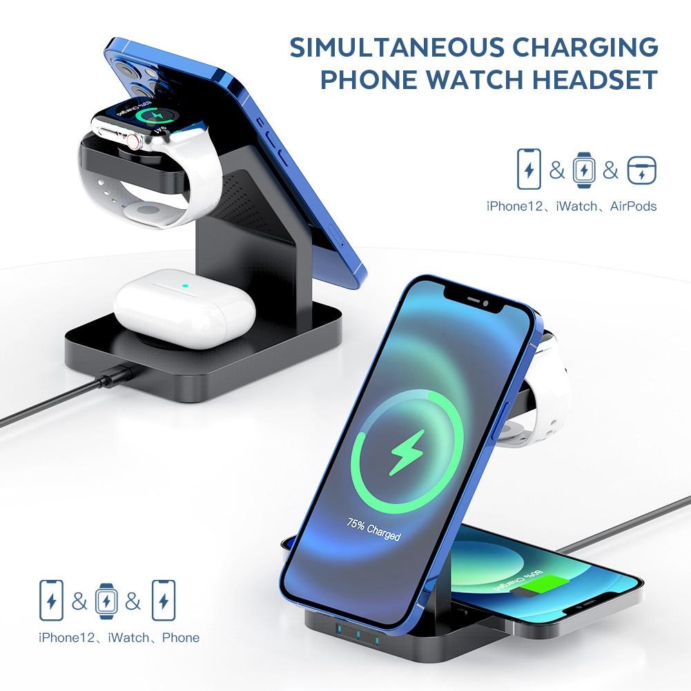15W Qi Magnetic Wireless Charger 3 in 1 for iPhone 12 Pro Max, Mini, Apple Watch, and AirPods Pro, featuring a sleek black design.