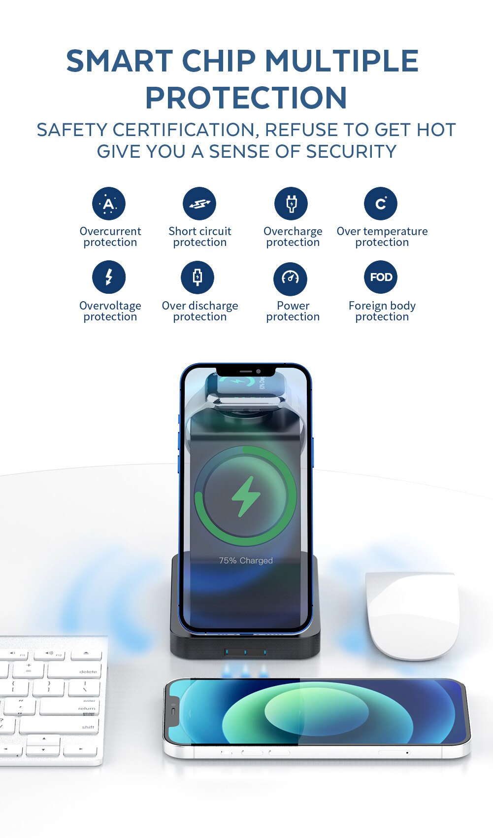 15W Qi Magnetic Wireless Charger 3 in 1 for iPhone 12 Pro Max, Mini, Apple Watch, and AirPods Pro, featuring a sleek black design.