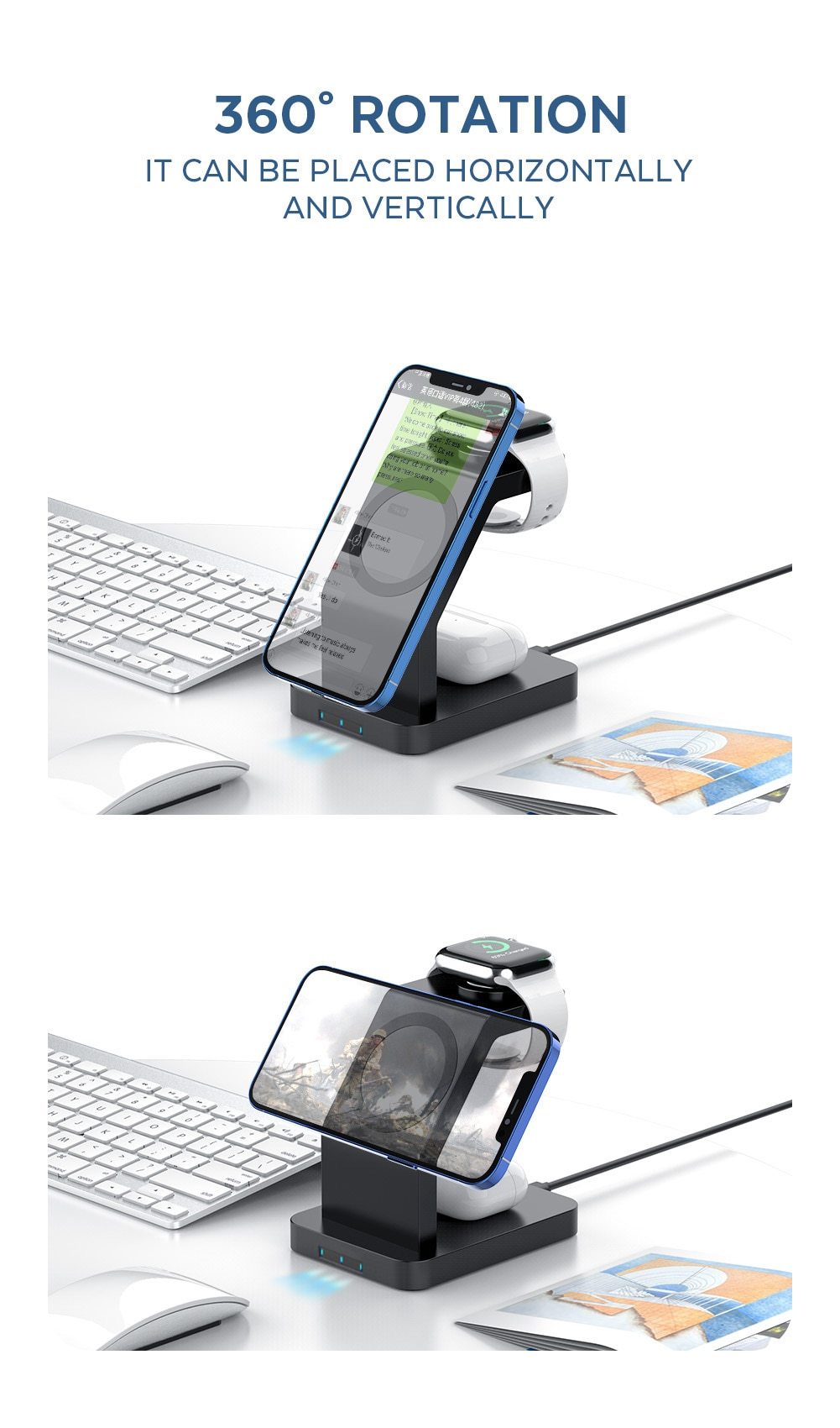 15W Qi Magnetic Wireless Charger 3 in 1 for iPhone 12 Pro Max, Mini, Apple Watch, and AirPods Pro, featuring a sleek black design.