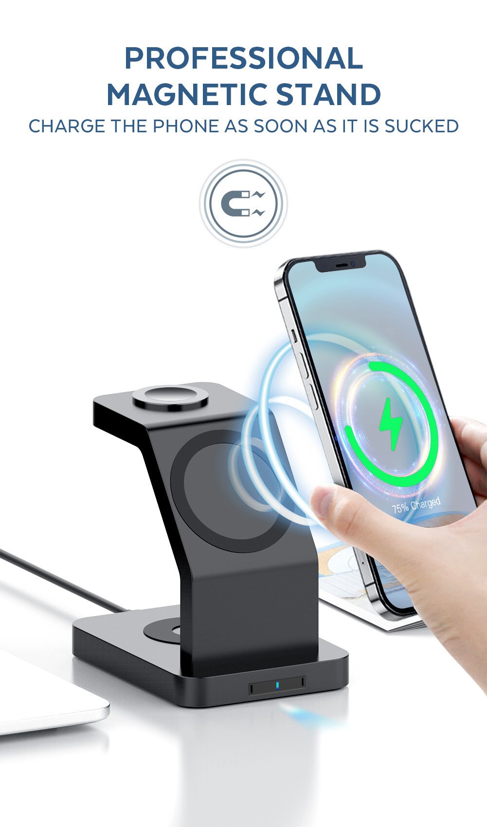 15W Qi Magnetic Wireless Charger 3 in 1 for iPhone 12 Pro Max, Mini, Apple Watch, and AirPods Pro, featuring a sleek black design.