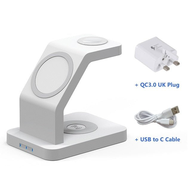 15W Qi Magnetic Wireless Charger 3 in 1 for iPhone 12 Pro Max, Mini, Apple Watch, and AirPods Pro, featuring a sleek black design.