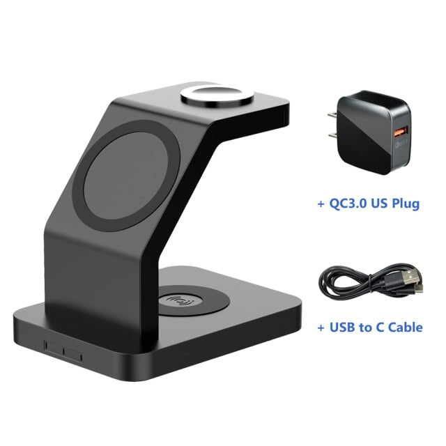 15W Qi Magnetic Wireless Charger 3 in 1 for iPhone 12 Pro Max, Mini, Apple Watch, and AirPods Pro, featuring a sleek black design.
