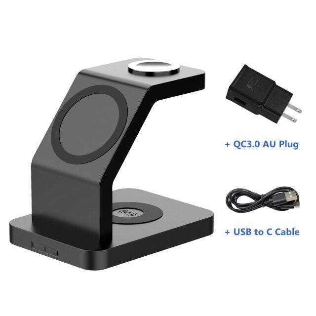 15W Qi Magnetic Wireless Charger 3 in 1 for iPhone 12 Pro Max, Mini, Apple Watch, and AirPods Pro, featuring a sleek black design.