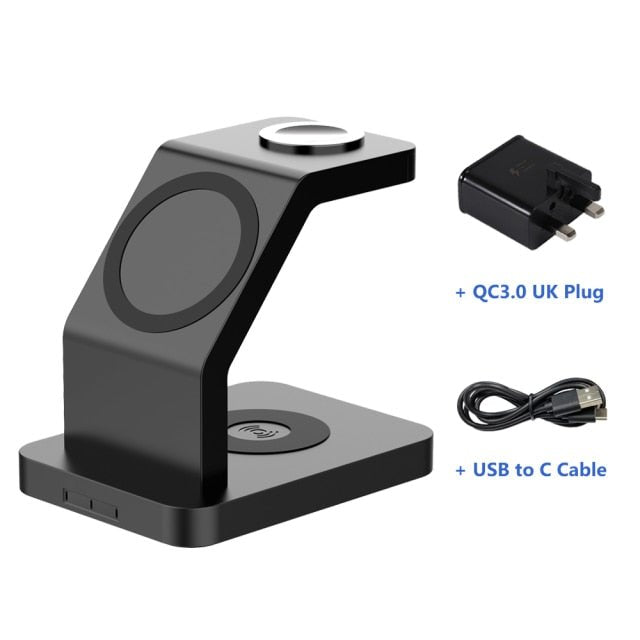 15W Qi Magnetic Wireless Charger 3 in 1 for iPhone 12 Pro Max, Mini, Apple Watch, and AirPods Pro, featuring a sleek black design.
