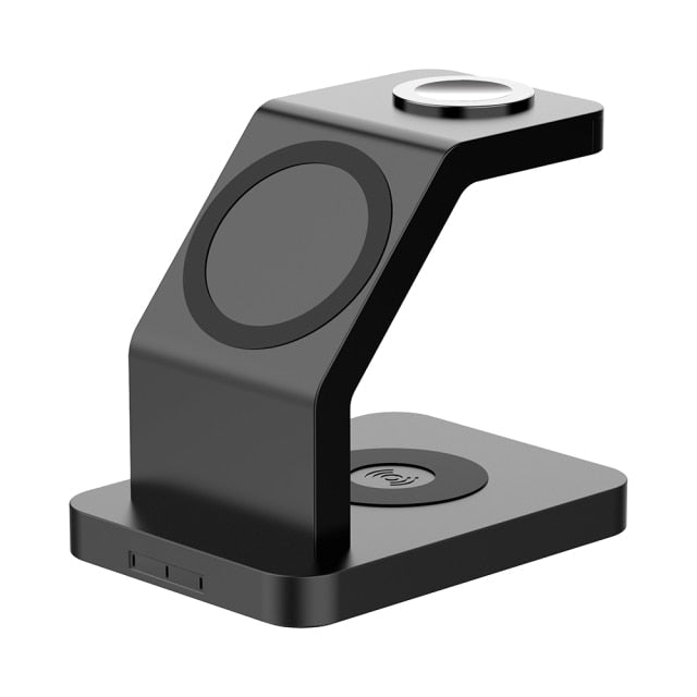 15W Qi Magnetic Wireless Charger 3 in 1 for iPhone 12 Pro Max, Mini, Apple Watch, and AirPods Pro, featuring a sleek black design.