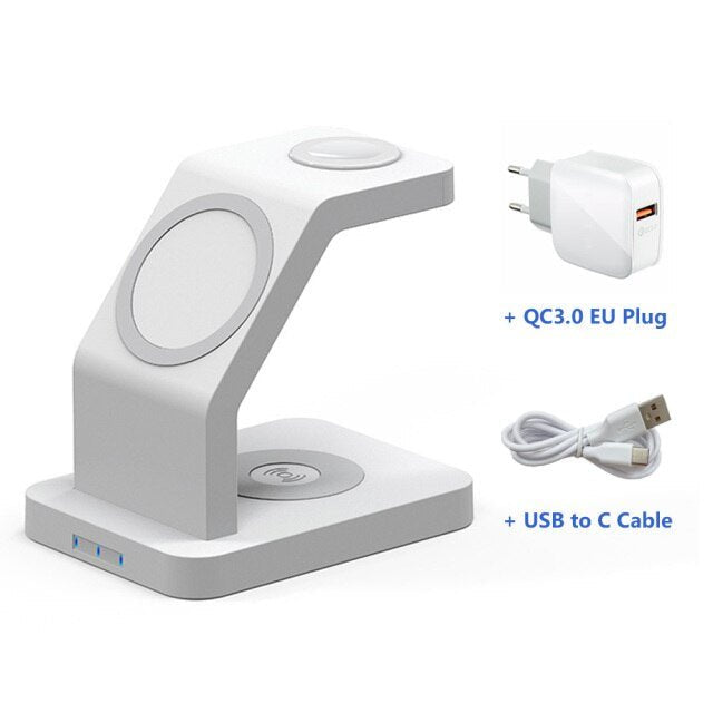 15W Qi Magnetic Wireless Charger 3 in 1 for iPhone 12 Pro Max, Mini, Apple Watch, and AirPods Pro, featuring a sleek black design.