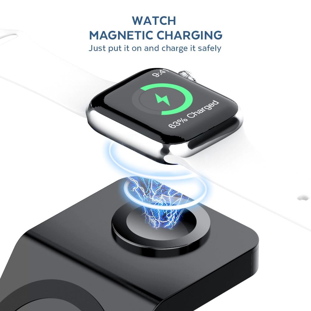 15W Qi Magnetic Wireless Charger 3 in 1 for iPhone 12 Pro Max, Mini, Apple Watch, and AirPods Pro, featuring a sleek black design.