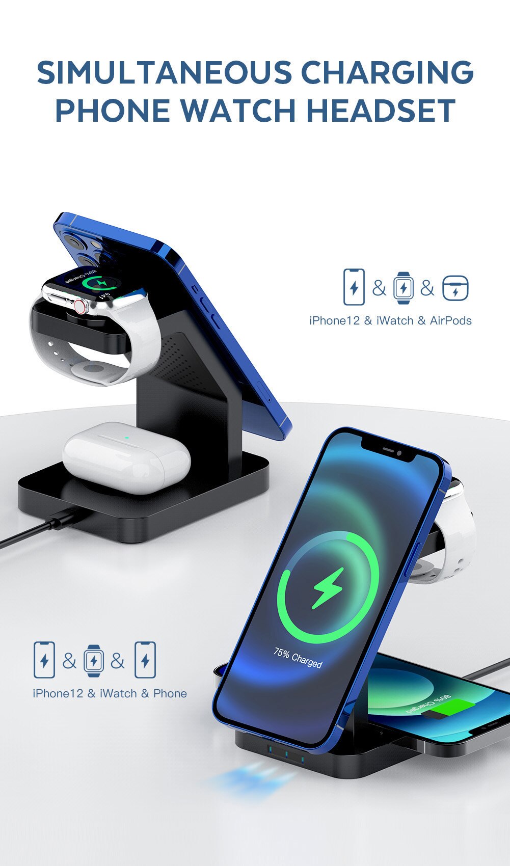 15W Qi Magnetic Wireless Charger 3 in 1 for iPhone 12 Pro Max, Mini, Apple Watch, and AirPods Pro, featuring a sleek black design.
