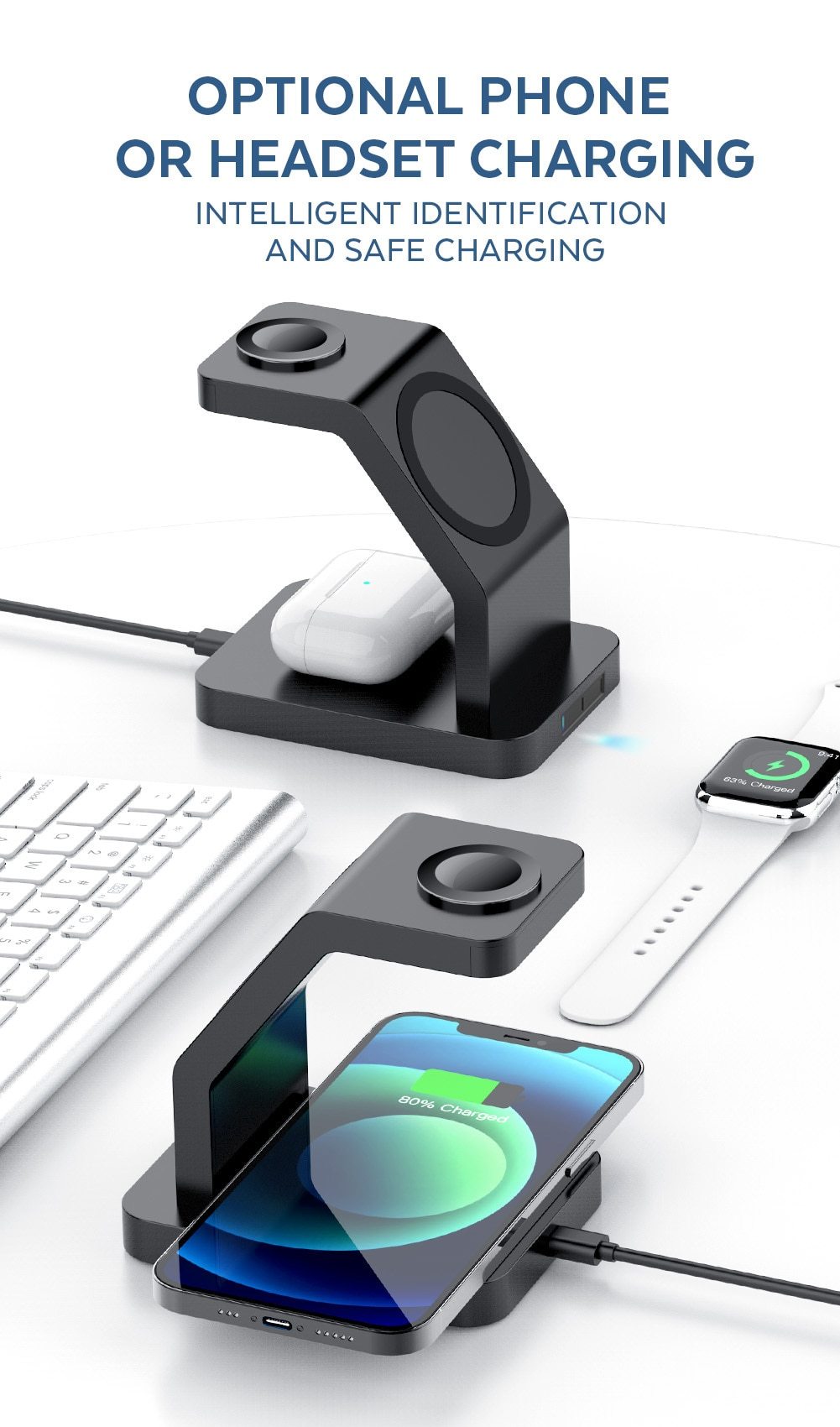 15W Qi Magnetic Wireless Charger 3 in 1 for iPhone 12 Pro Max, Mini, Apple Watch, and AirPods Pro, featuring a sleek black design.