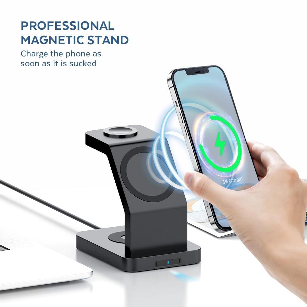 15W Qi Magnetic Wireless Charger 3 in 1 for iPhone 12 Pro Max, Mini, Apple Watch, and AirPods Pro, featuring a sleek black design.