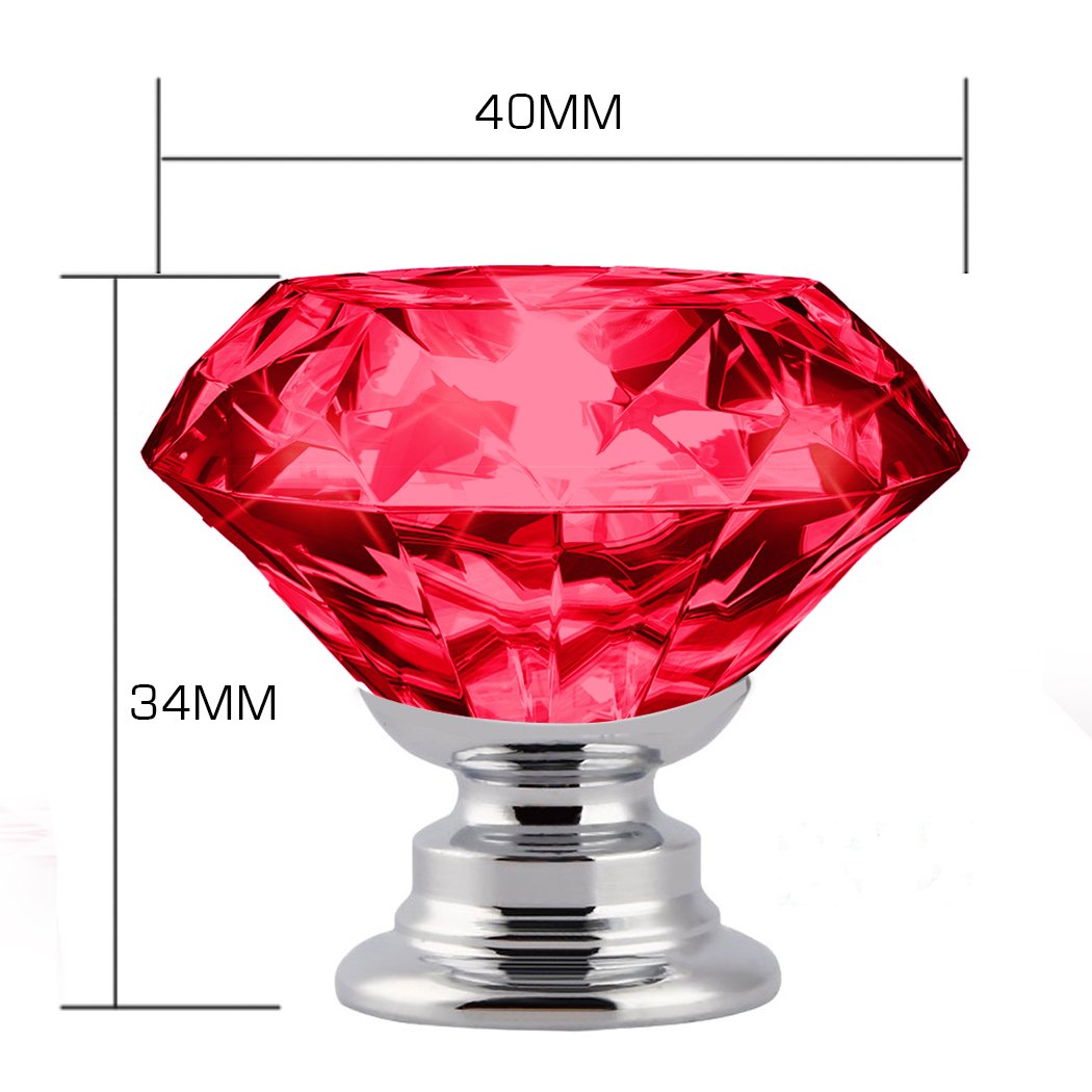 Red crystal knob with measurements.