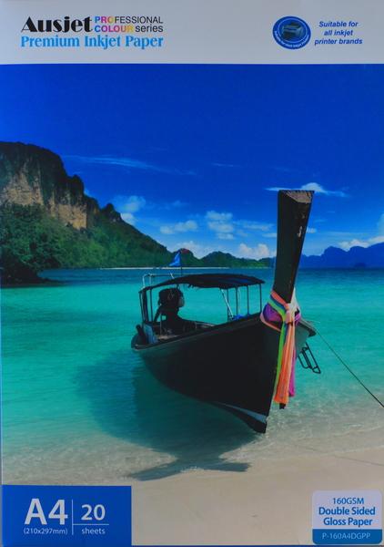 A stack of 20 sheets of 160gm A4 double-sided gloss paper, showcasing its glossy finish and sturdy quality.