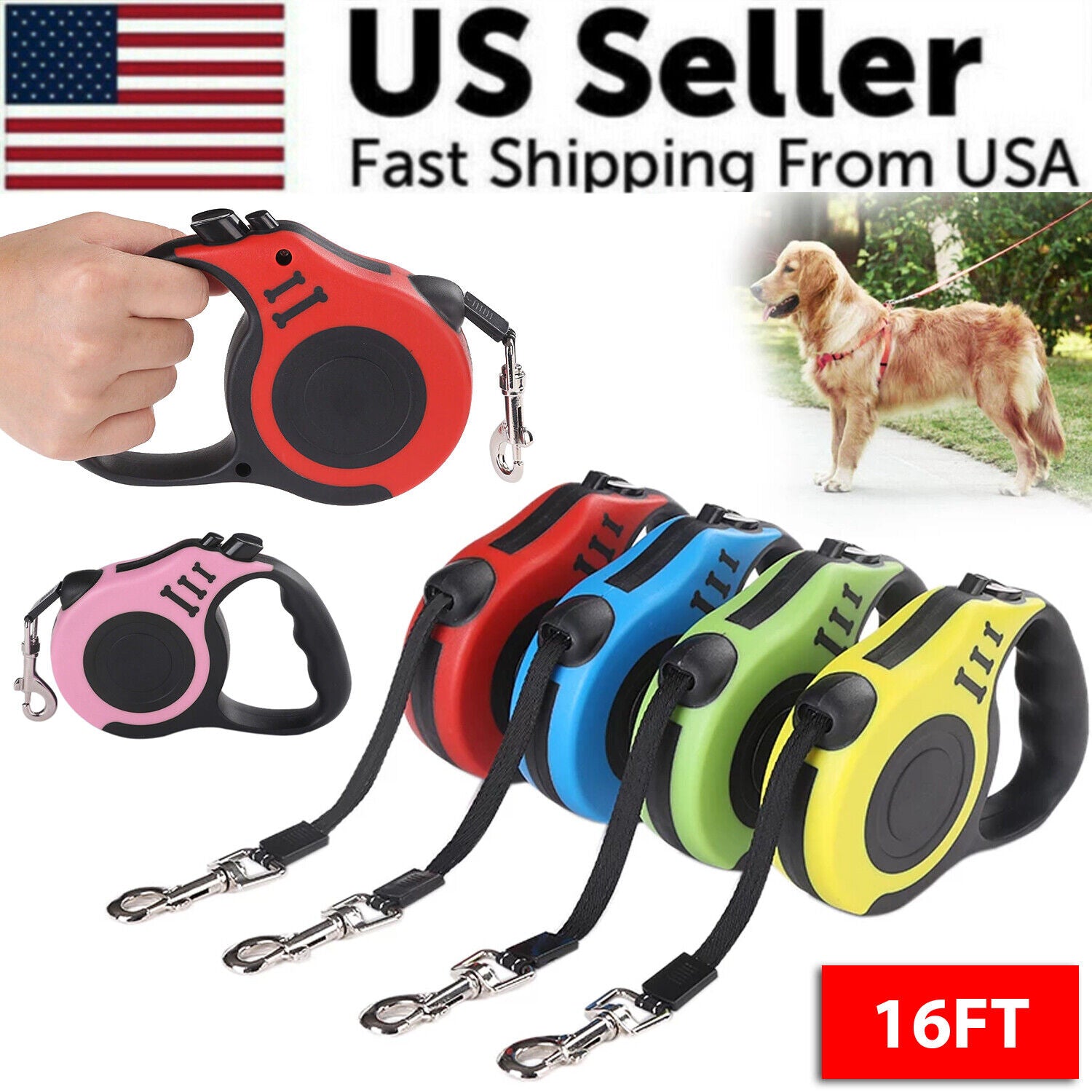 A 16.5FT Automatic Retractable Dog Leash in vibrant colors, showcasing its ergonomic grip and durable design.