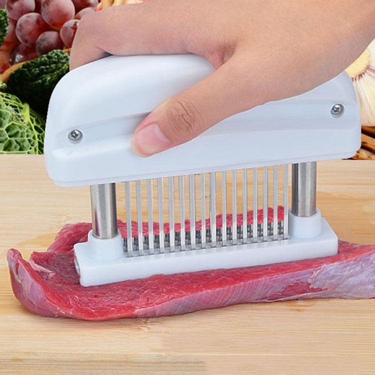 16-pin stainless steel meat loosener with ergonomic handle, designed for tenderizing steaks and other meats.