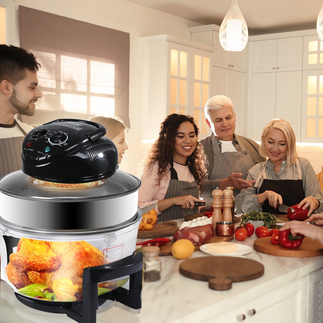 17L Digital Commercial Convection Oven Turbo Electric Air Fryer with a sleek black design and transparent glass bowl, showcasing its modern features.