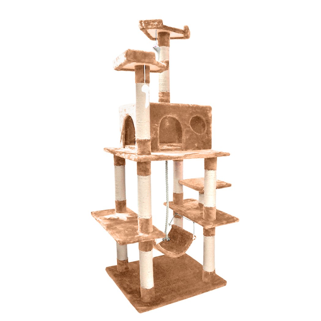 A tall 183cm cat scratching post tree with multiple levels, plush velvet covering, and natural sisal posts, designed for cat play and scratching.