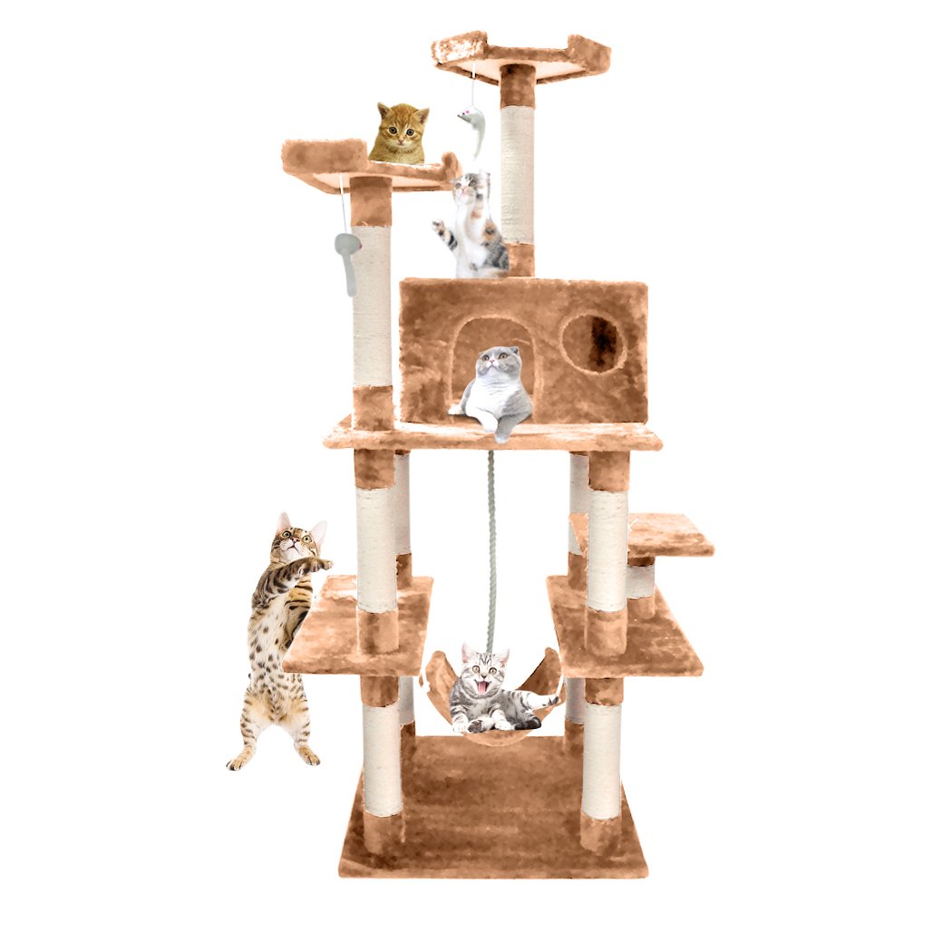 A tall 183cm cat scratching post tree with multiple levels, plush velvet covering, and natural sisal posts, designed for cat play and scratching.