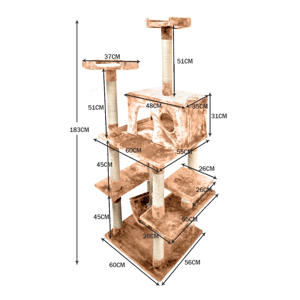 A tall 183cm cat scratching post tree with multiple levels, plush velvet covering, and natural sisal posts, designed for cat play and scratching.
