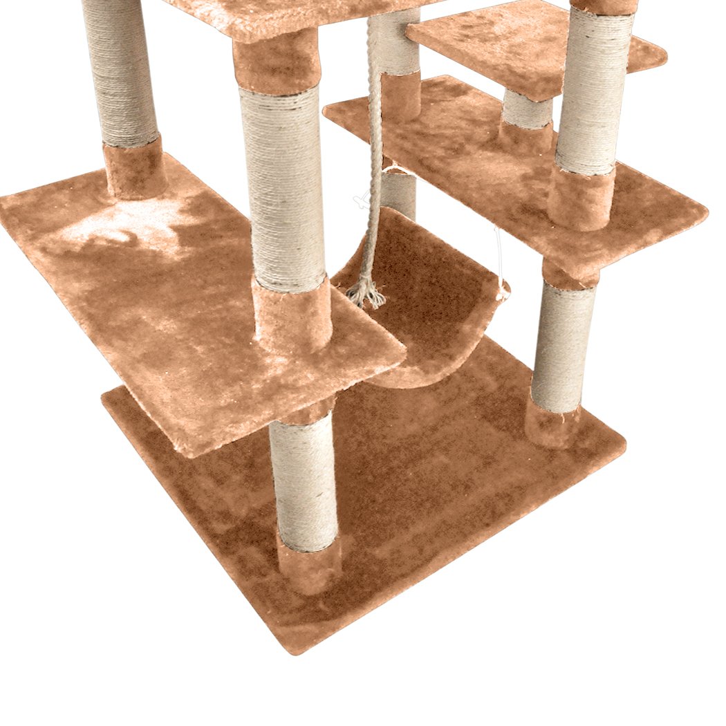 A tall 183cm cat scratching post tree with multiple levels, plush velvet covering, and natural sisal posts, designed for cat play and scratching.