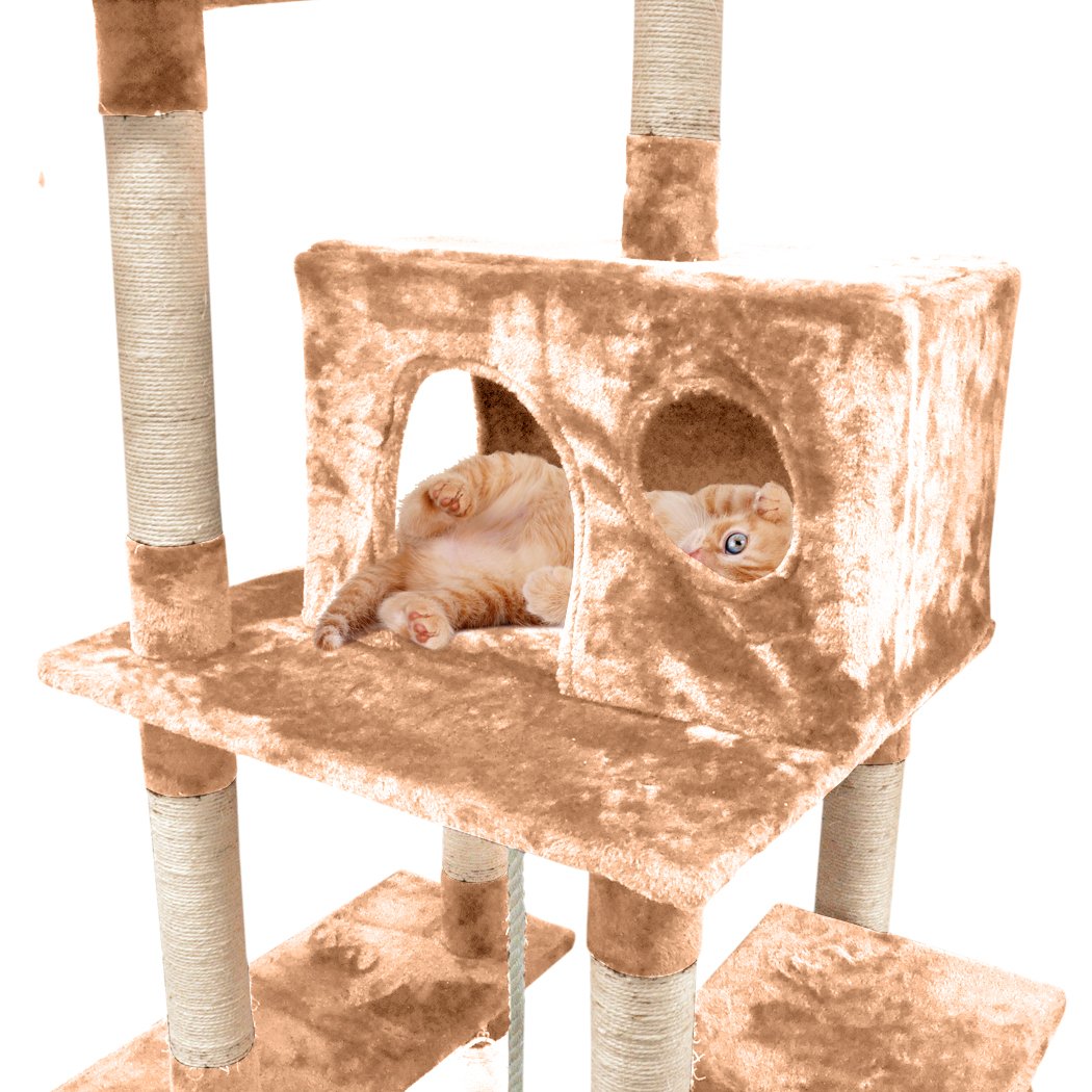 A tall 183cm cat scratching post tree with multiple levels, plush velvet covering, and natural sisal posts, designed for cat play and scratching.